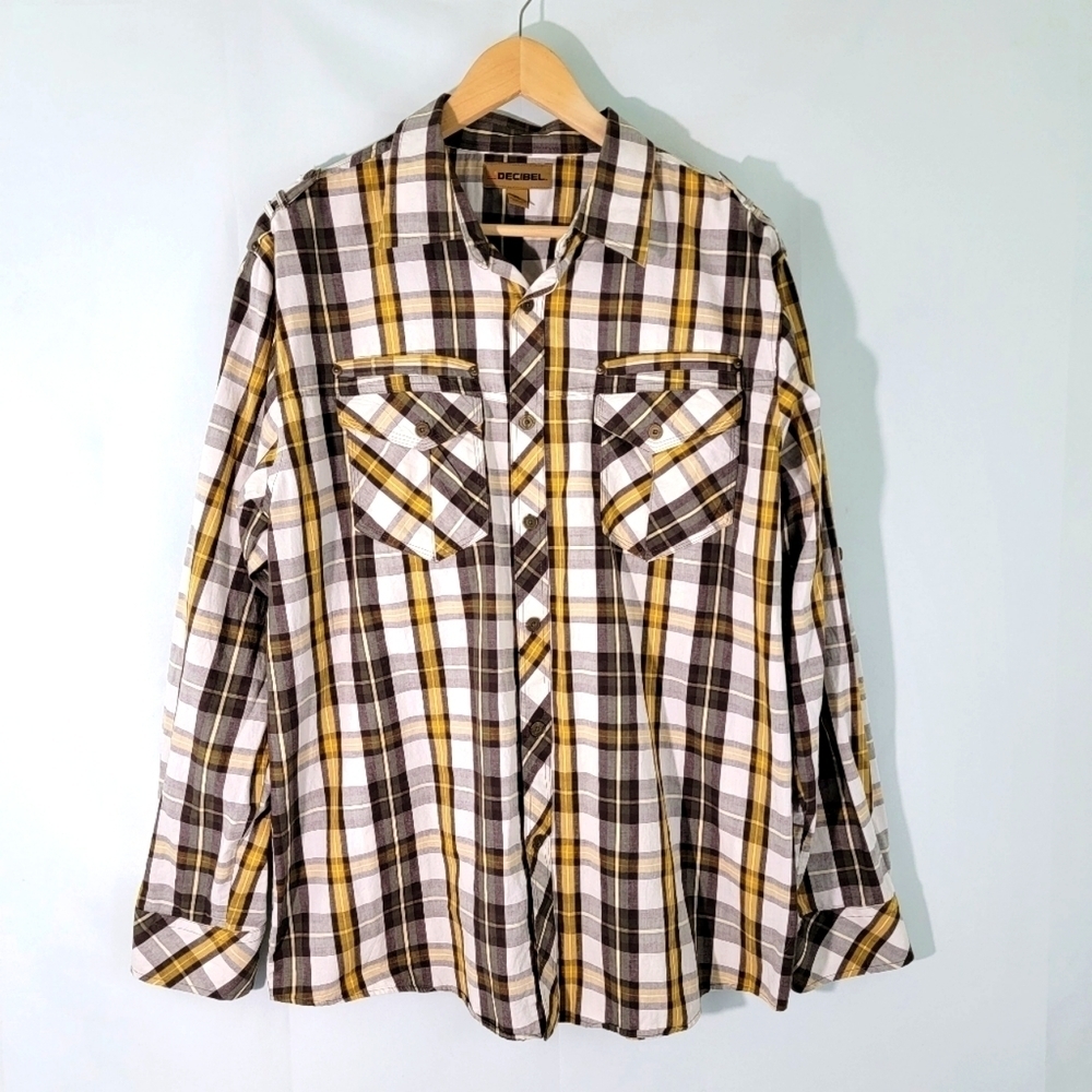 DECIBEL Men's Brown/Yellow/White 100% Cotton Button Down Fall Casual Shirt Sz XL